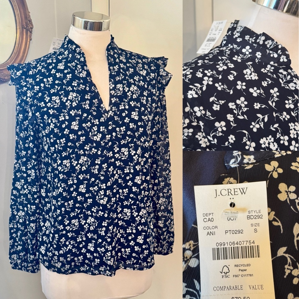 J. Crew Women's Navy and White Floral Blouse Long sleeve Sz S Ruffles NWT